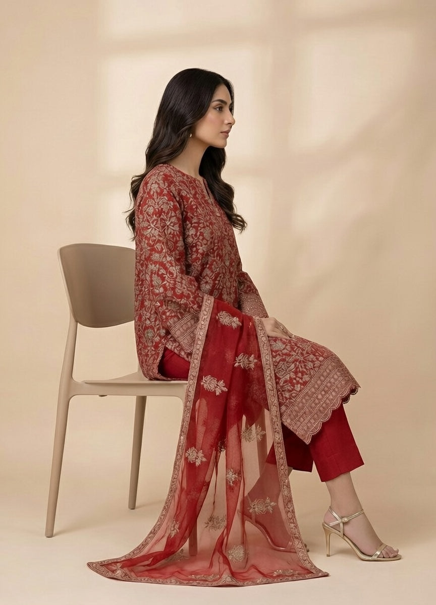 Best Recommended Title: Breeze Lawn China Pure Allover Embroidered 3PC Suit | Vibrant Red with White & Gold Floral Embroidery | Scattered Floral China Dupatta