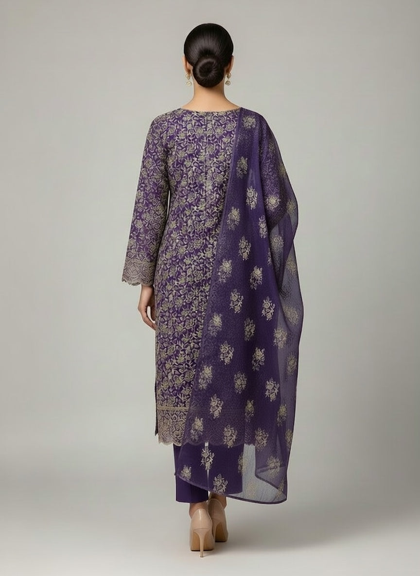 Bareeze Lawn China Pure Allover Embroidered 3PC Suit | Deep Purple with Beige White Floral Embroidery | China Dupatta