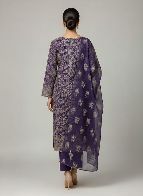 Bareeze Lawn China Pure Allover Embroidered 3PC Suit | Deep Purple with Beige White Floral Embroidery | China Dupatta