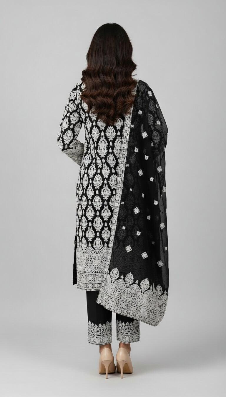 Breeze Lawn China Pure Allover Embroidered Black 3PC Suit | White Damask Paisley Embroidery with Heavy Border | Plain China Dupatta