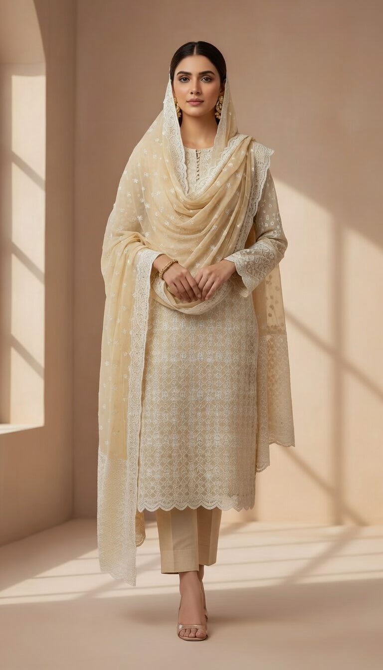 Breeze Lawn China Pure Allover Embroidered 3PC Suit | Light Mustard Yellow with White Chickenkari Lattice Embroidery | Scattered White Floral China Dupatta