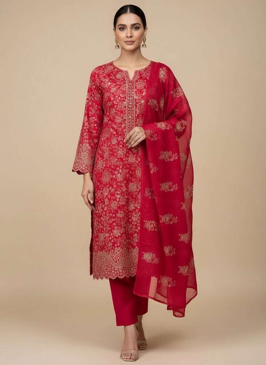 Breeze Lawn China Pure Allover Embroidered 3PC Suit | Hot Pink with White Floral Embroidery | Scattered Large Floral China Dupatta