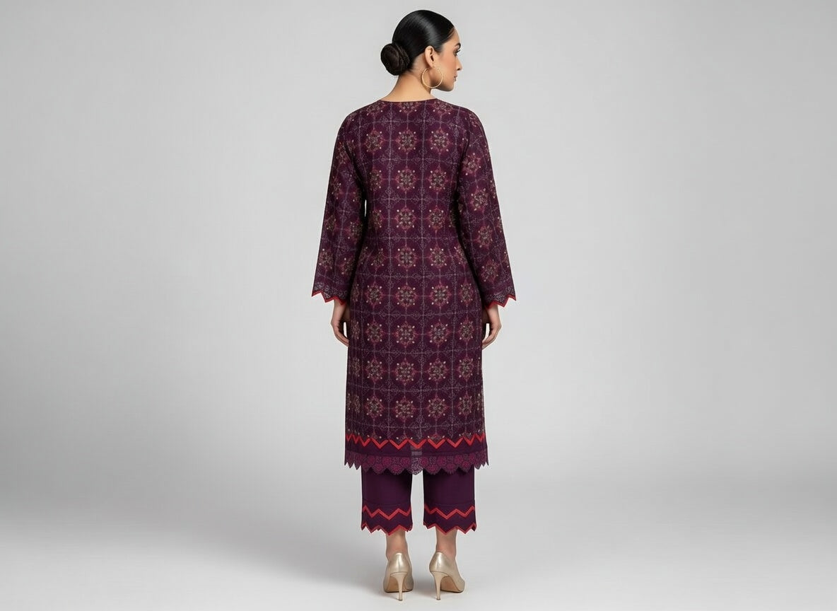 Manizay Premium Embroidered Karandi Suit | Gul Baag Purple with Embroidered Crinkle Dupatta | گل باغ