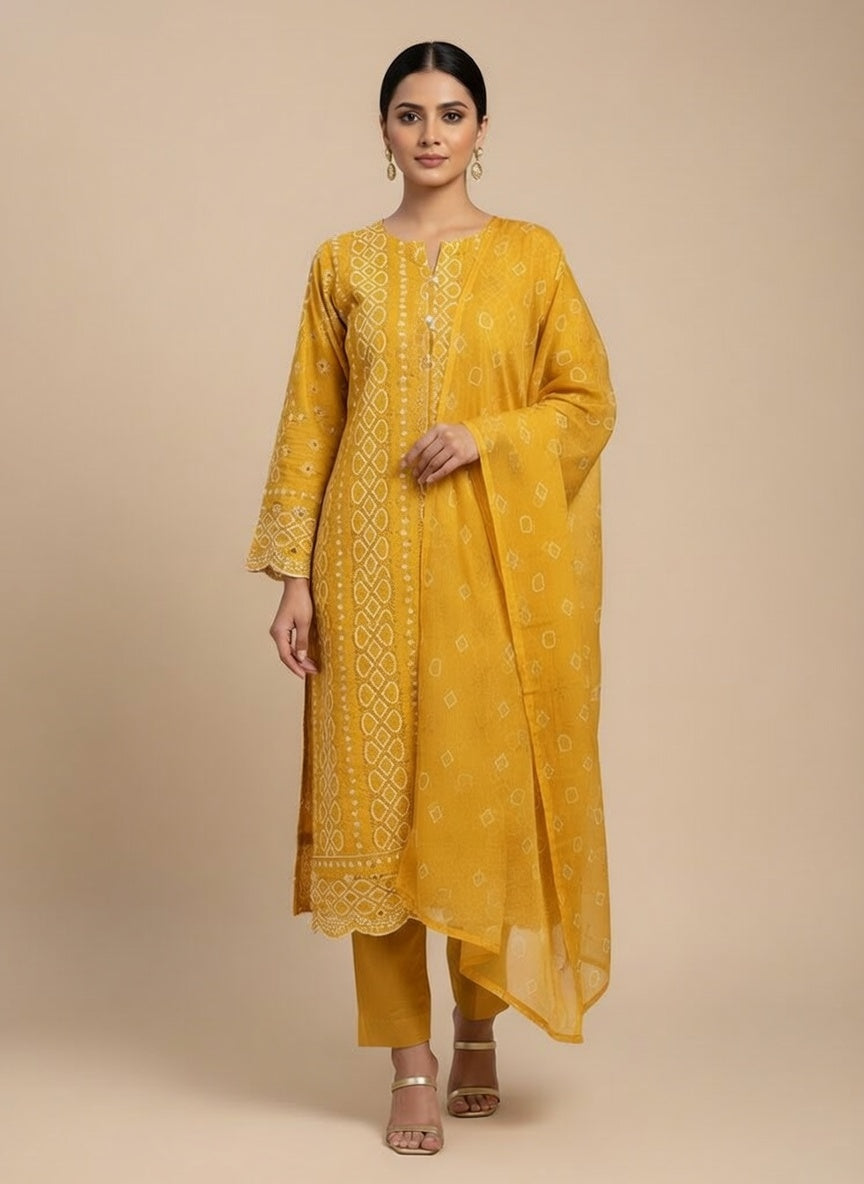 Breeze Lawn China Pure Allover Embroidered 3PC Suit | Bright Yellow with White Chickenkari Geometric Floral Embroidery | China Dupatta