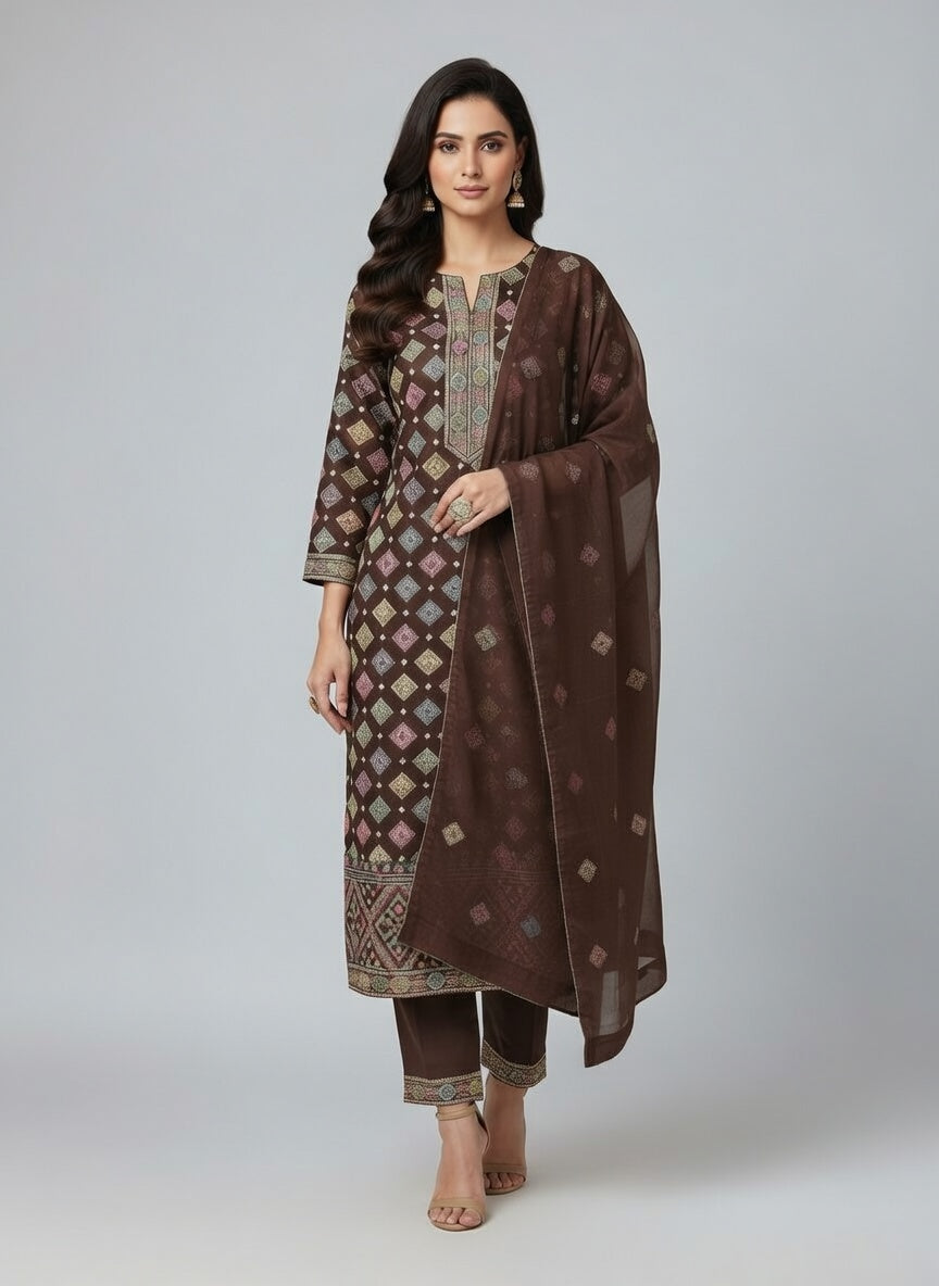 Premium Embroidered Karandi Suit | Chocolate Brown Allover 3PC Unstitched | Pure china Chiffon Dupatta