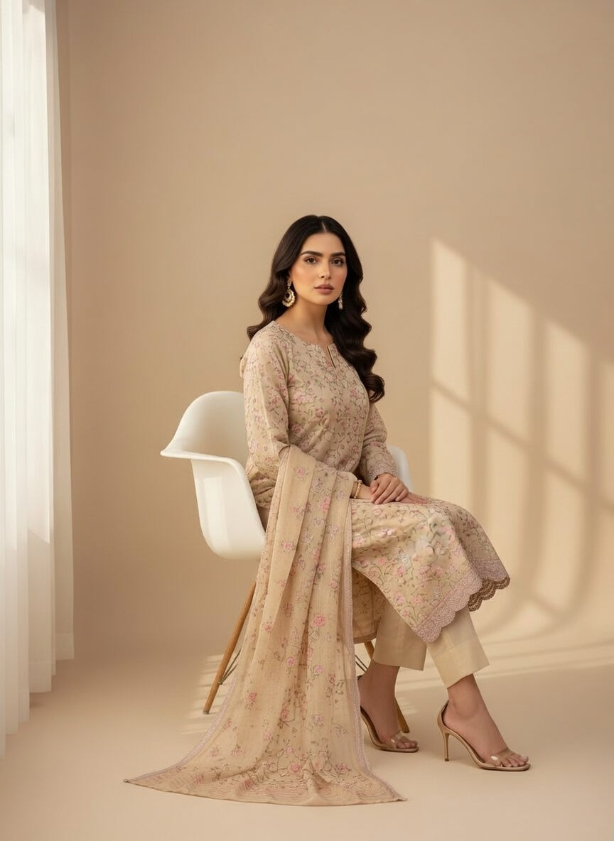 Breeze Lawn China Pure Allover Embroidered 3PC Suit | Cream Beige with Pink Purple Floral Embroidery | Scattered Floral ChinaDupatta