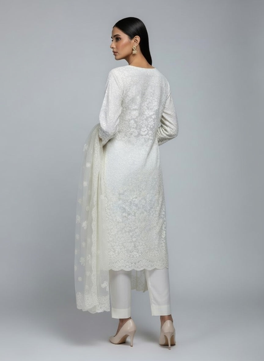 Bareeze Lawn China Pure Allover Embroidered 3PC Suit | Light Grey with White Gold Floral Embroidery | Scattered Large Floral China Dupatta