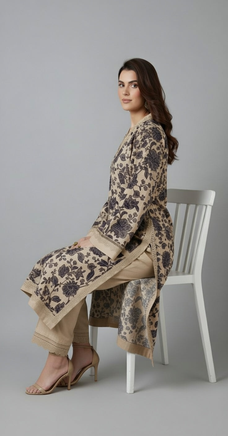 Saleh Fabrics Premium Embroidered Karandi Suit | Beige Black Floral Cutwork 3PC Unstitched