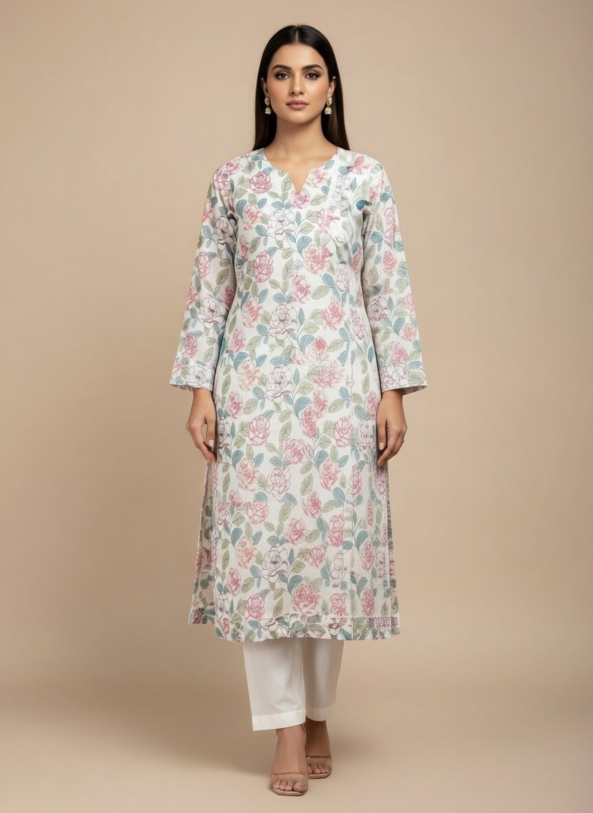 Breeze Lawn China Pure Allover Embroidered 3PC Suit | Pure White with Pink Purple Green Peony Floral Embroidery | Scattered Pastel Leaf & Flower China Dupatta