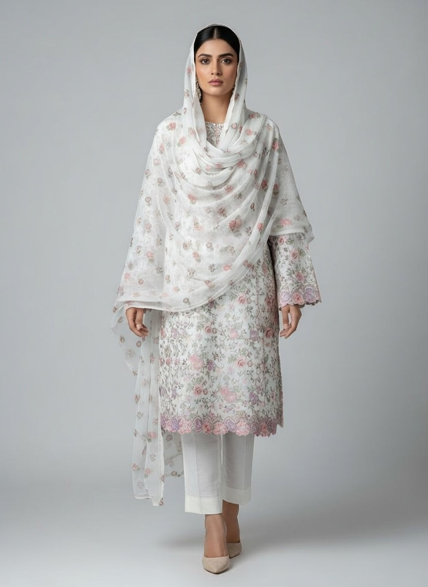 Bareeze Lawn China Pure Allover Embroidered 3PC Suit | Pure White with Pink Purple Peach Green Floral Embroidery | Scattered Multi-Color Rose China Dupatta