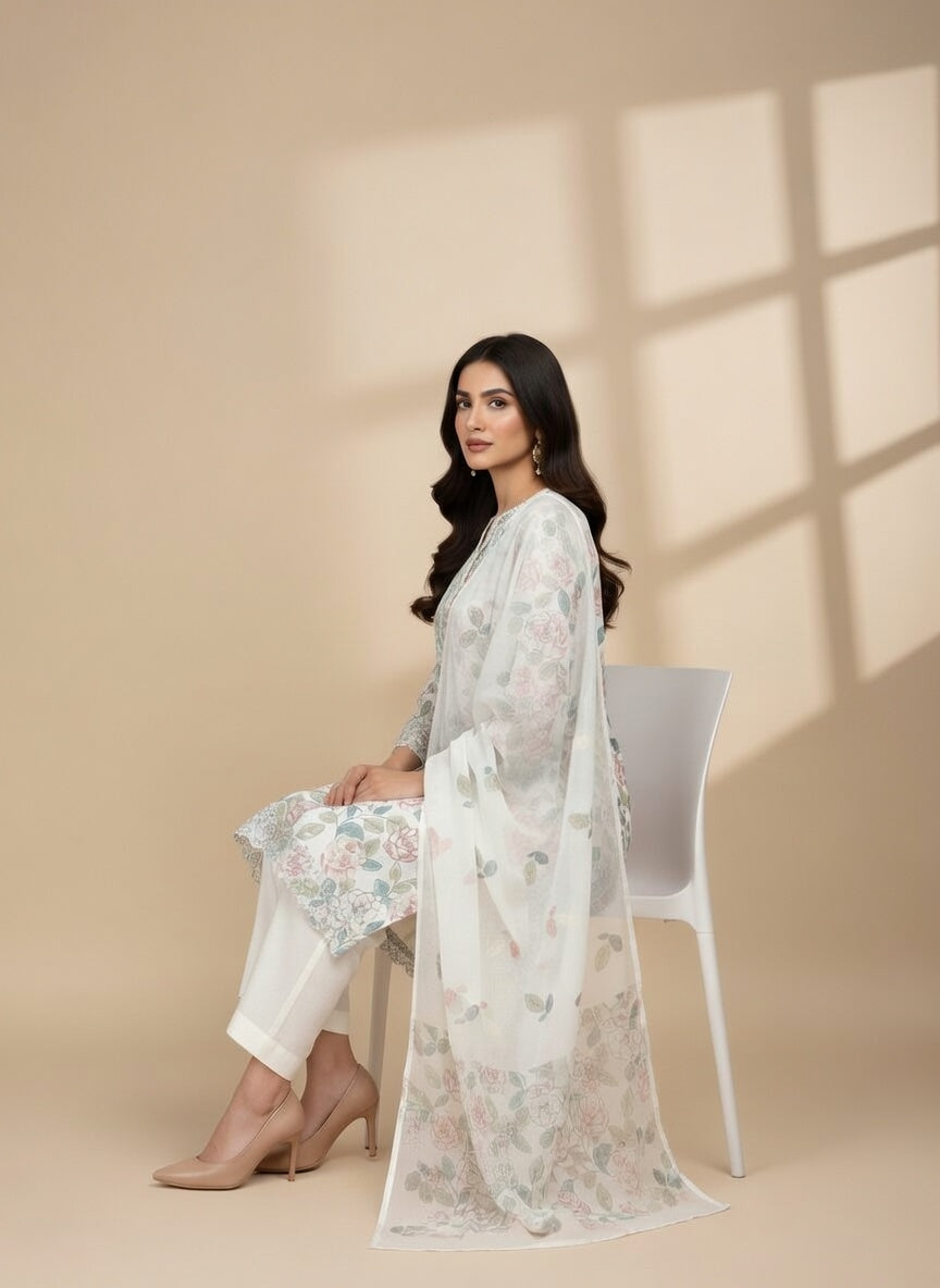 Breeze Lawn China Pure Allover Embroidered 3PC Suit | Pure White with Pink Purple Green Peony Floral Embroidery | Scattered Pastel Leaf & Flower China Dupatta