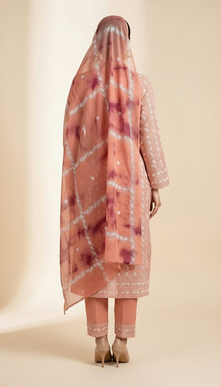 Breeze Lawn China Dai Pure Dupatta Allover Embroidered 3PC Suit | Peach Pink with White Paisley Embroidery & Tie-Dye Dupatta | 2.5M Each