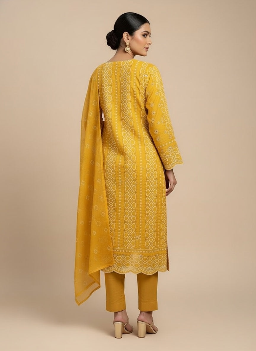 Breeze Lawn China Pure Allover Embroidered 3PC Suit | Bright Yellow with White Chickenkari Geometric Floral Embroidery | China Dupatta