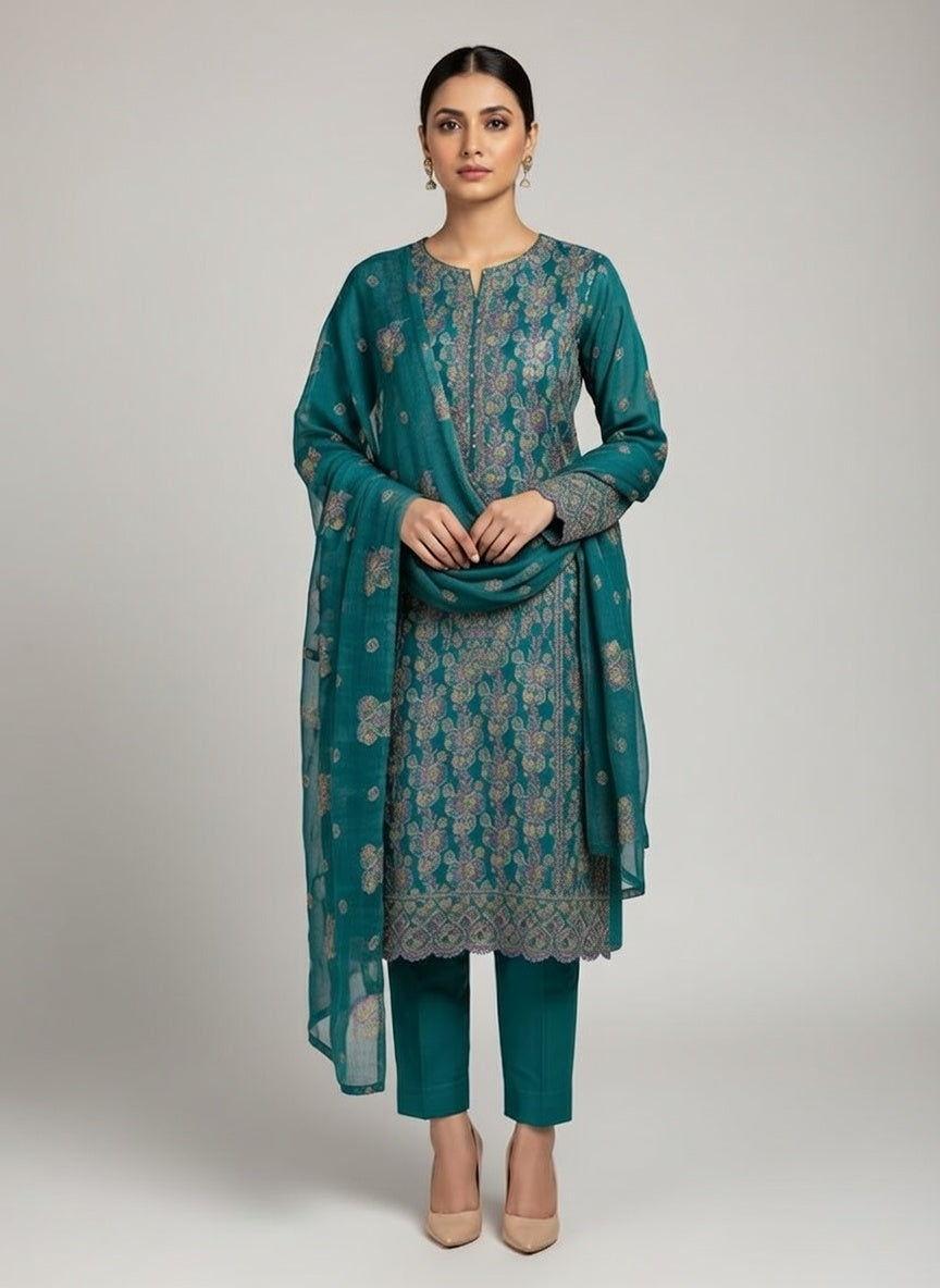 Bareeze Lawn China Pure Allover Embroidered 3PC Suit | Teal Turquoise with Purple Gold Floral Geometric Embroidery | Scattered Floral Chiffon Dupatta