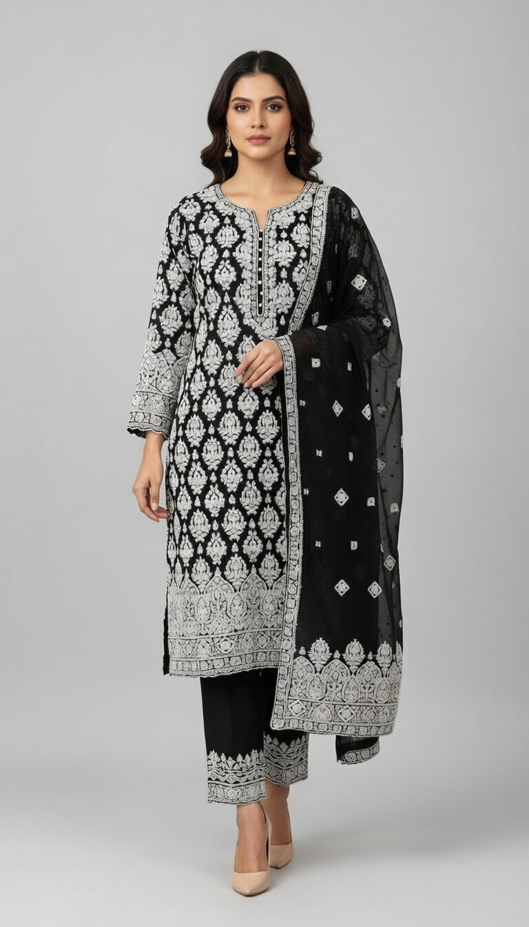 Breeze Lawn China Pure Allover Embroidered Black 3PC Suit | White Damask Paisley Embroidery with Heavy Border | Plain China Dupatta