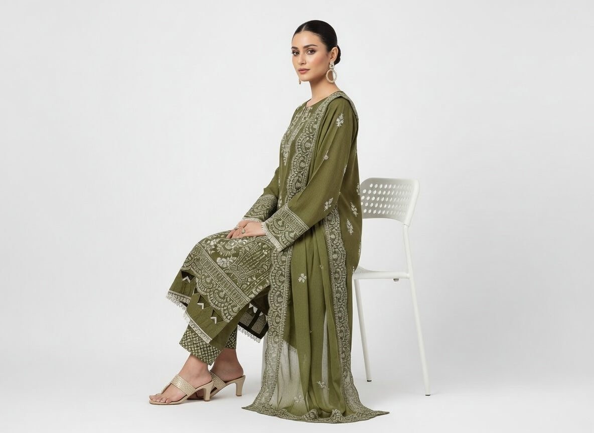 Manizay Premium Embroidered Karandi Suit | Olive Green with Embroidered Chiffon Dupatta | اندازِ ہوا