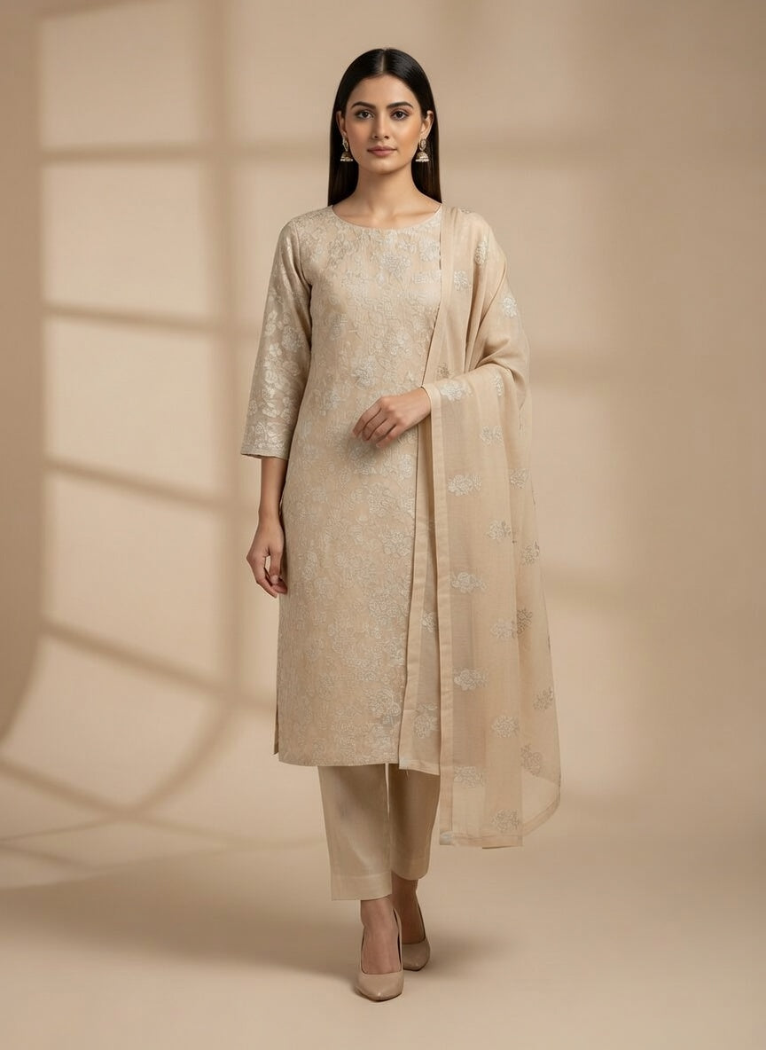 Breeze Lawn China Pure Allover Embroidered 3PC Suit | Cream Beige with White Floral Motif Embroidery | Scattered Large Floral China Dupatta