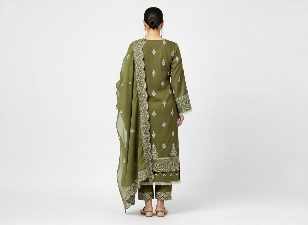 Manizay Premium Embroidered Karandi Suit | Olive Green with Embroidered Chiffon Dupatta | اندازِ ہوا