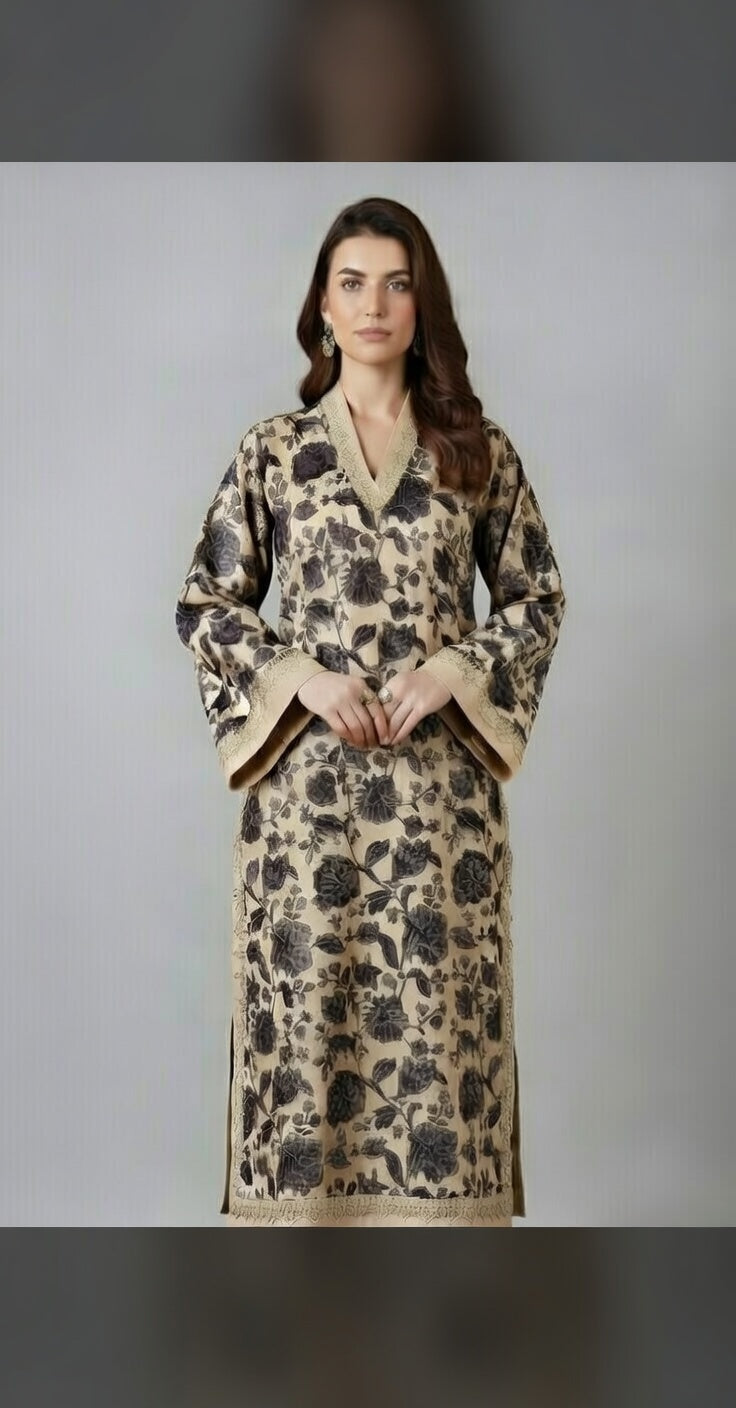 Saleh Fabrics Premium Embroidered Karandi Suit | Beige Black Floral Cutwork 3PC Unstitched