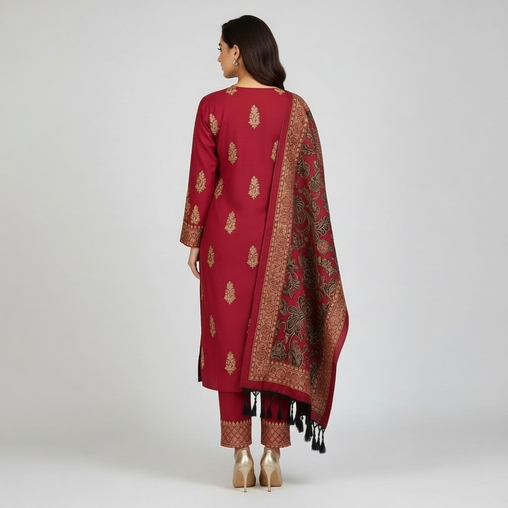 Premium Embroidered Karandi Suit | Rich Red Maroon Floral Cutwork 3PC Unstitched